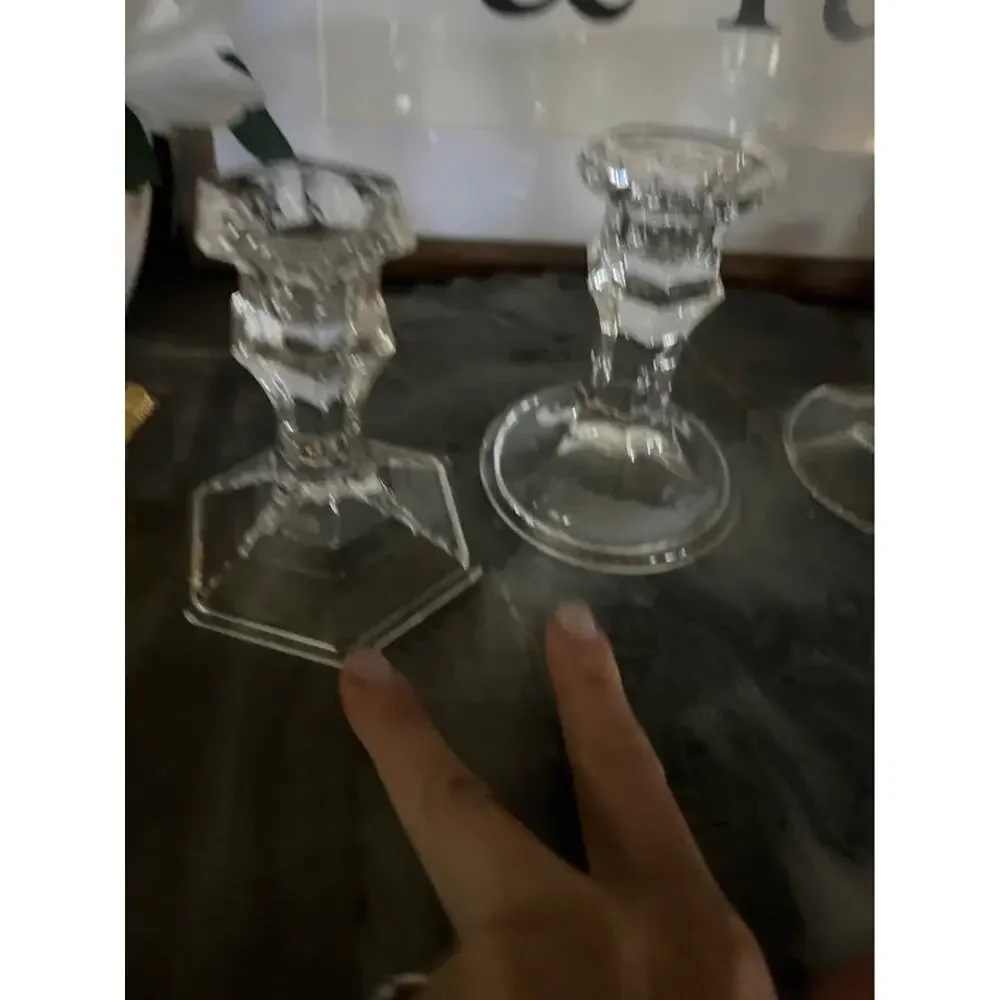 Set of 3 Clear Glass Taper Candle Holders Heavy French Country Elegant Glam